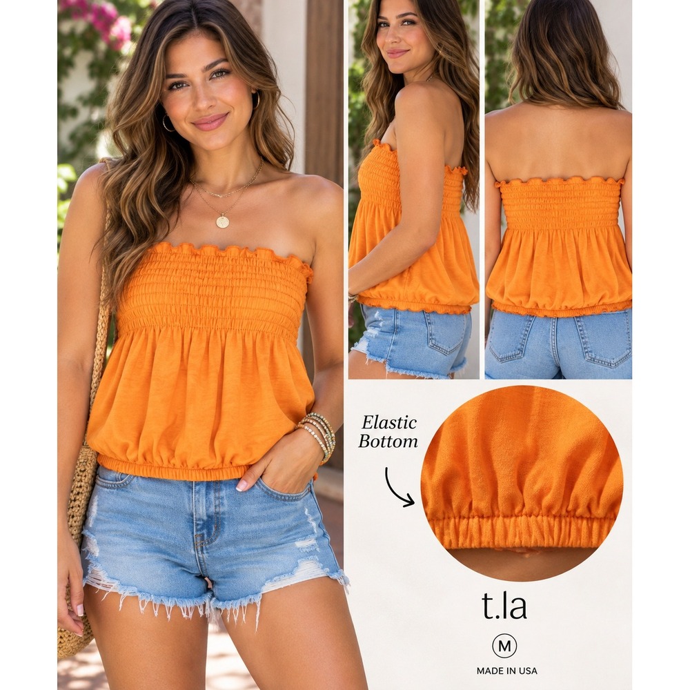 Anthropologie t.la Smocked Strapless Tube Top Orange Medium 100% Cotton